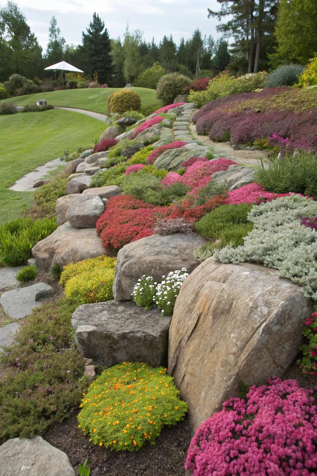 Append a playful twist using colorful ground cover around stone edges.