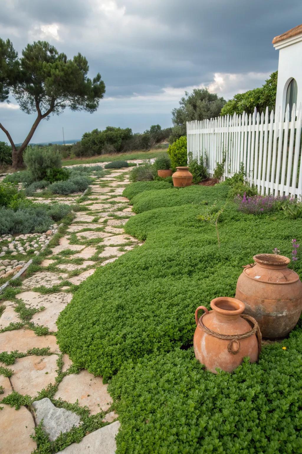 Creeping herb and trefoil create a lush, sustainable alternative to traditional grass.
