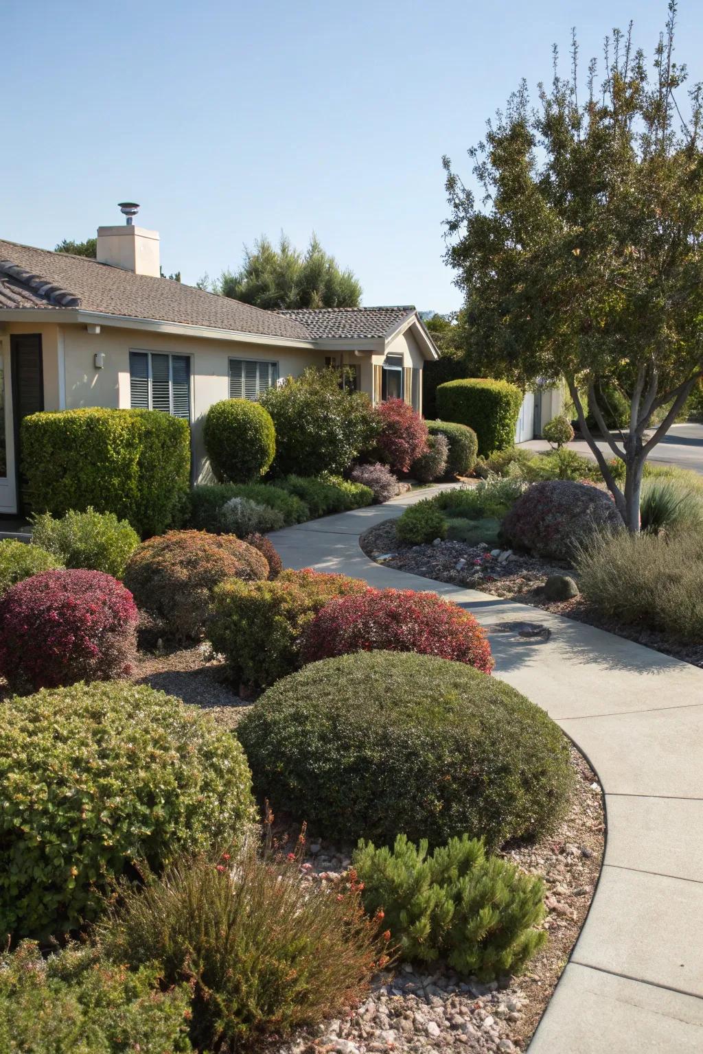 Bushes framing a water-wise garden, adding privacy and ecological benefits.