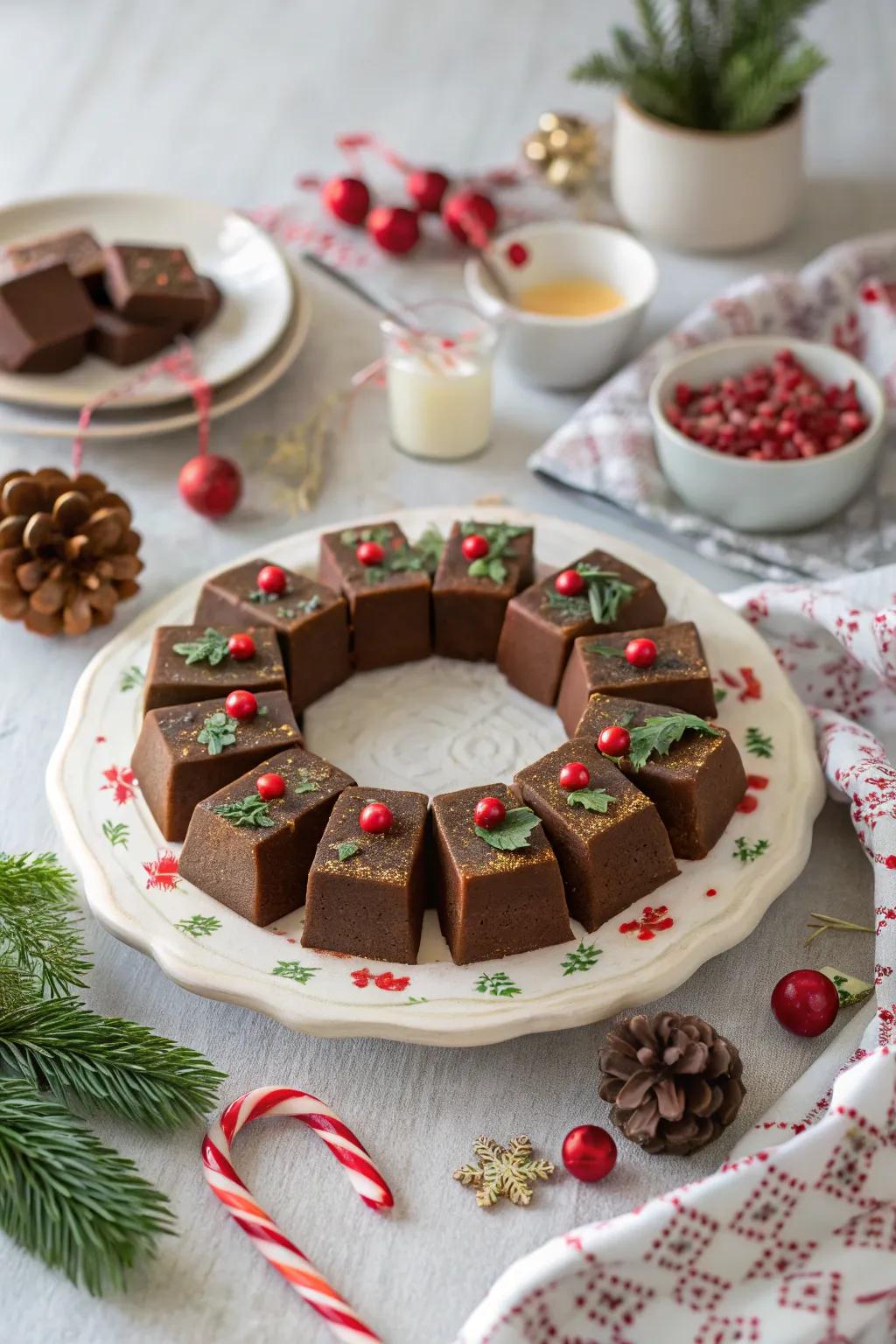 A striking sweet squares wreath centerpiece.