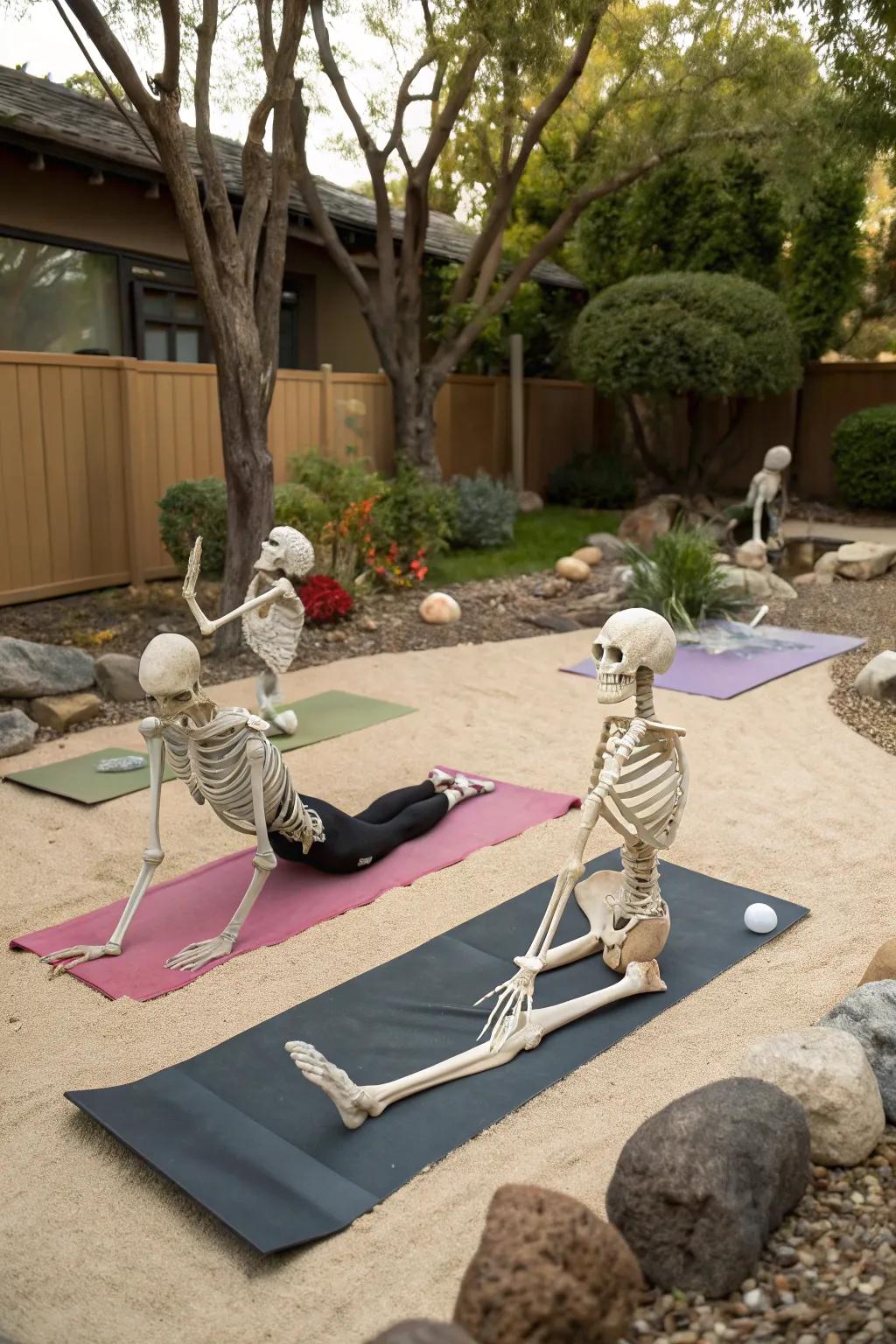 Skeletons finding their Zen in yoga poses.