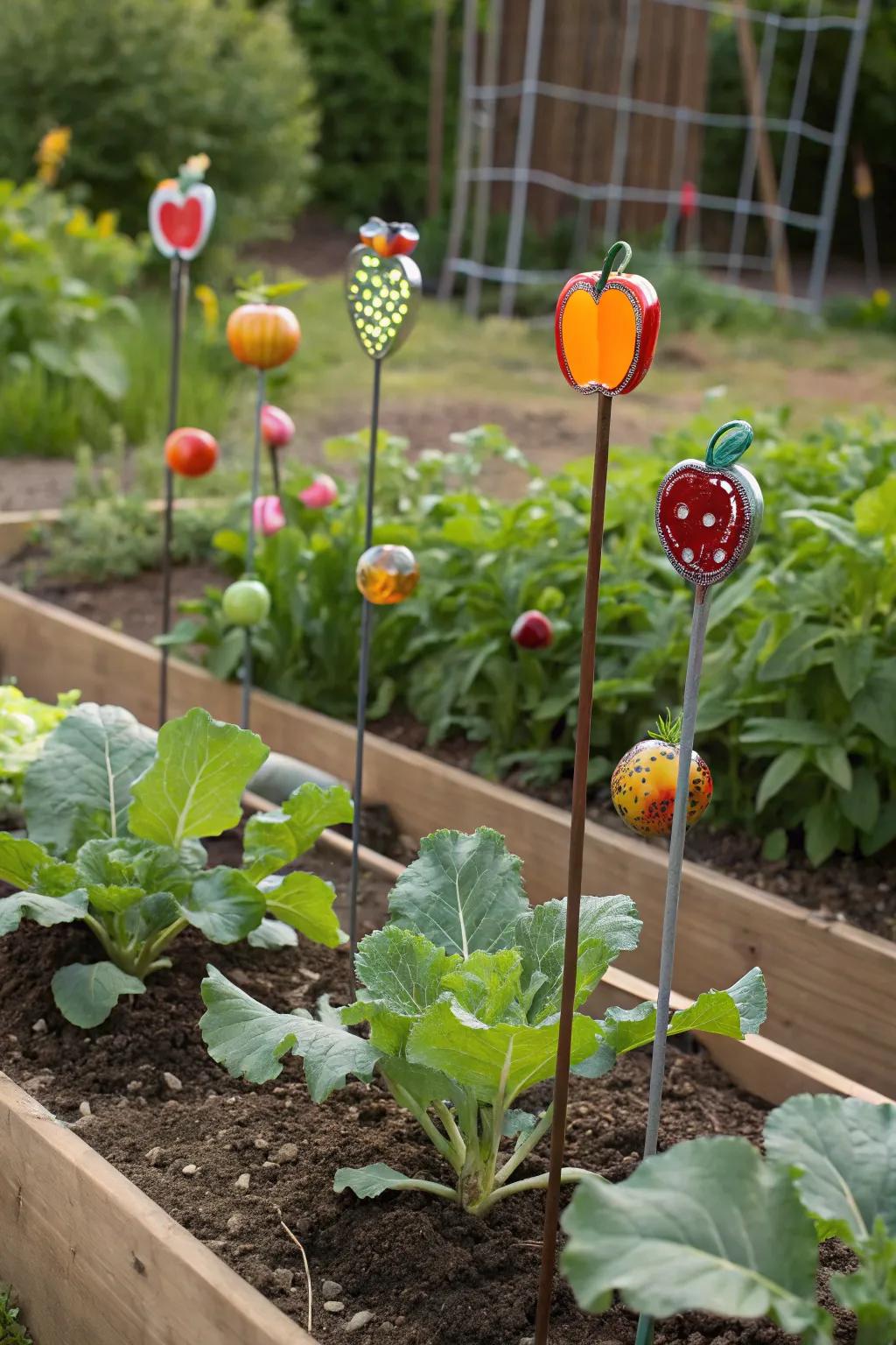 Fruit-themed decorations adding color and whimsy to the garden.