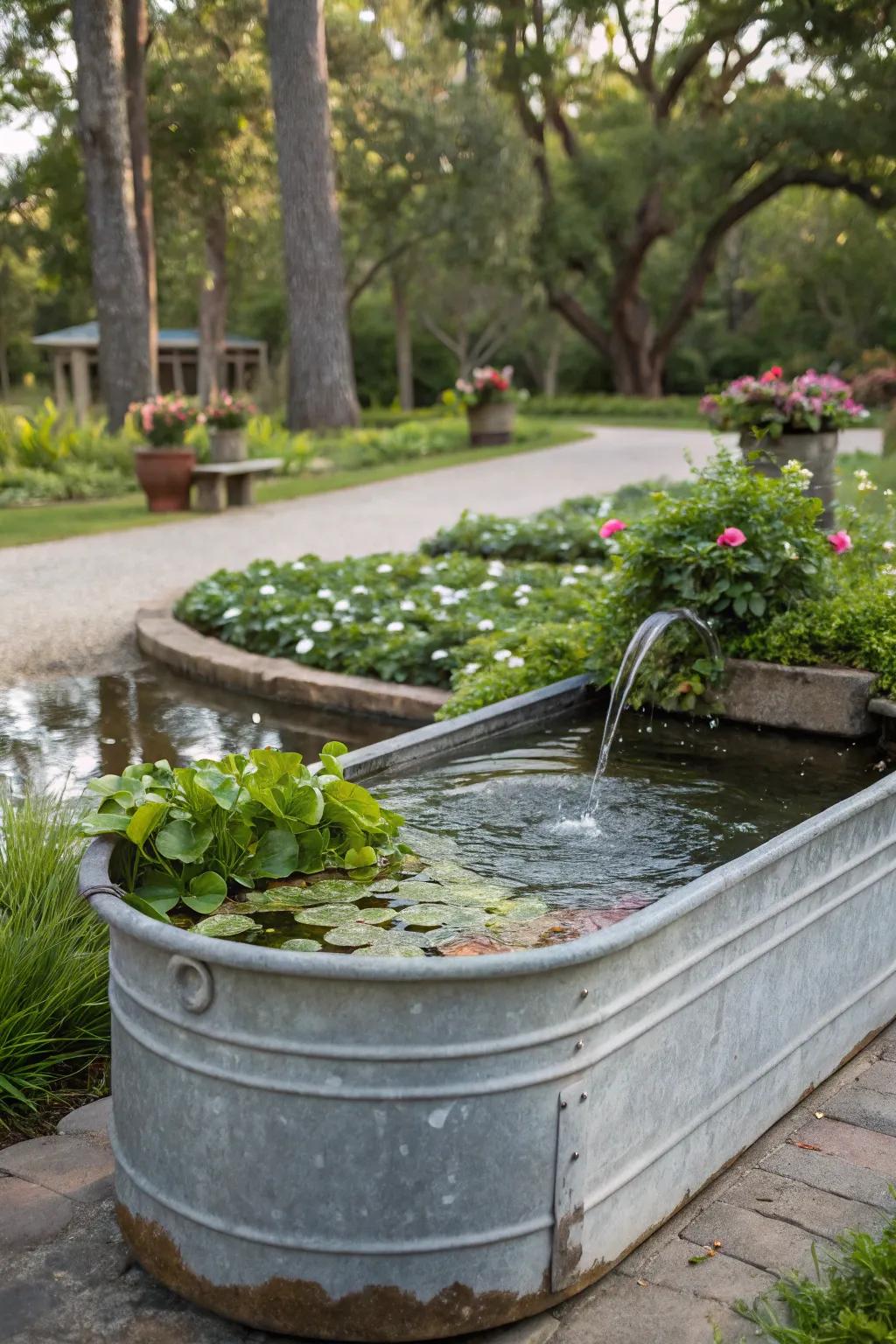 Floating flora platforms add a unique touch to a basin fountain.