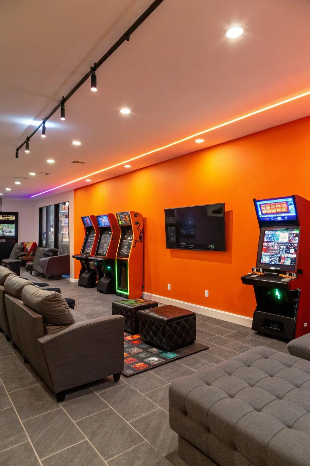Electric orange accent wall invigorates and energizes the game room.