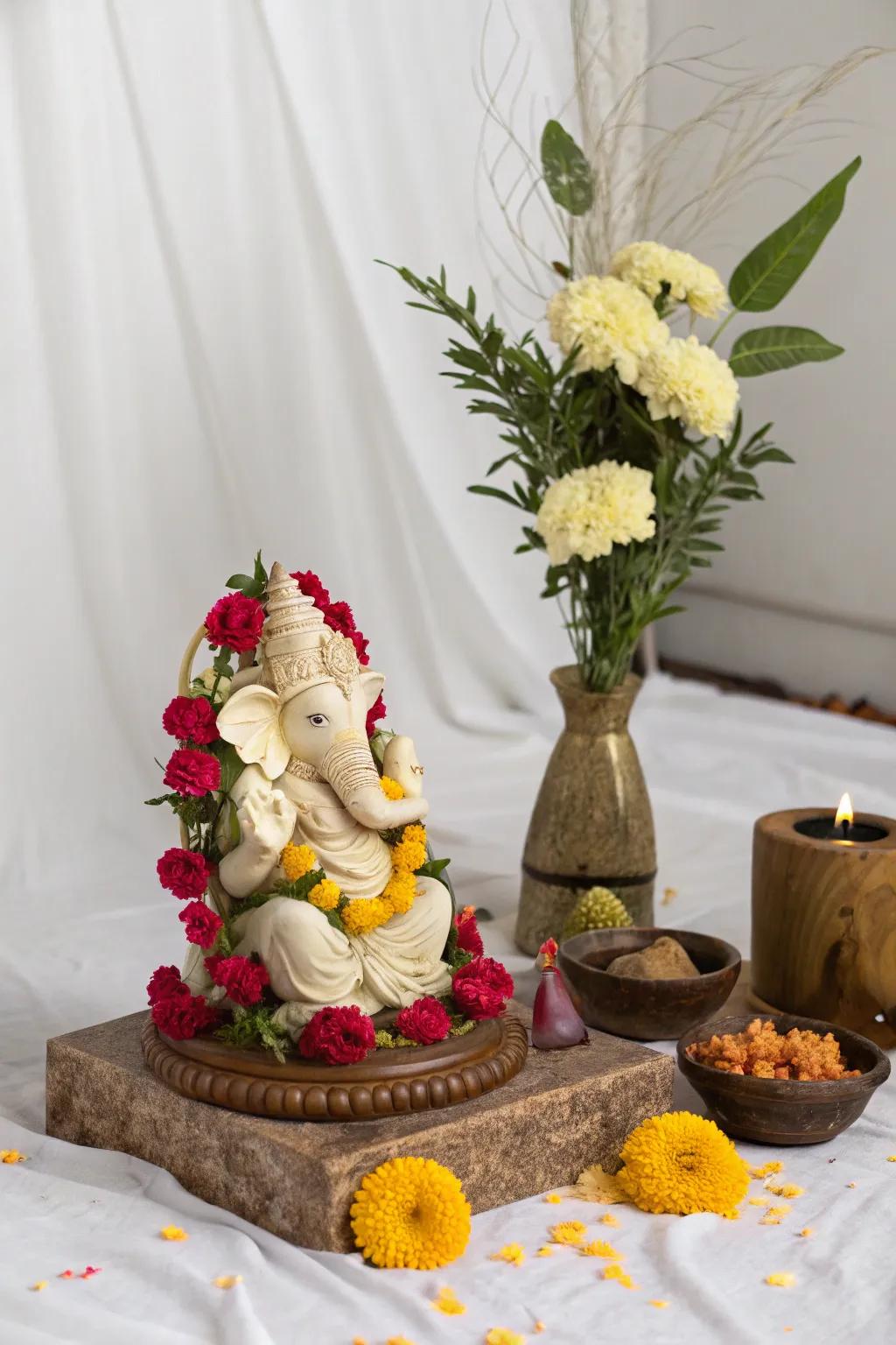 A minimalist setup with a single Ganesha idol and delicately placed blossoms, exuding elegance.