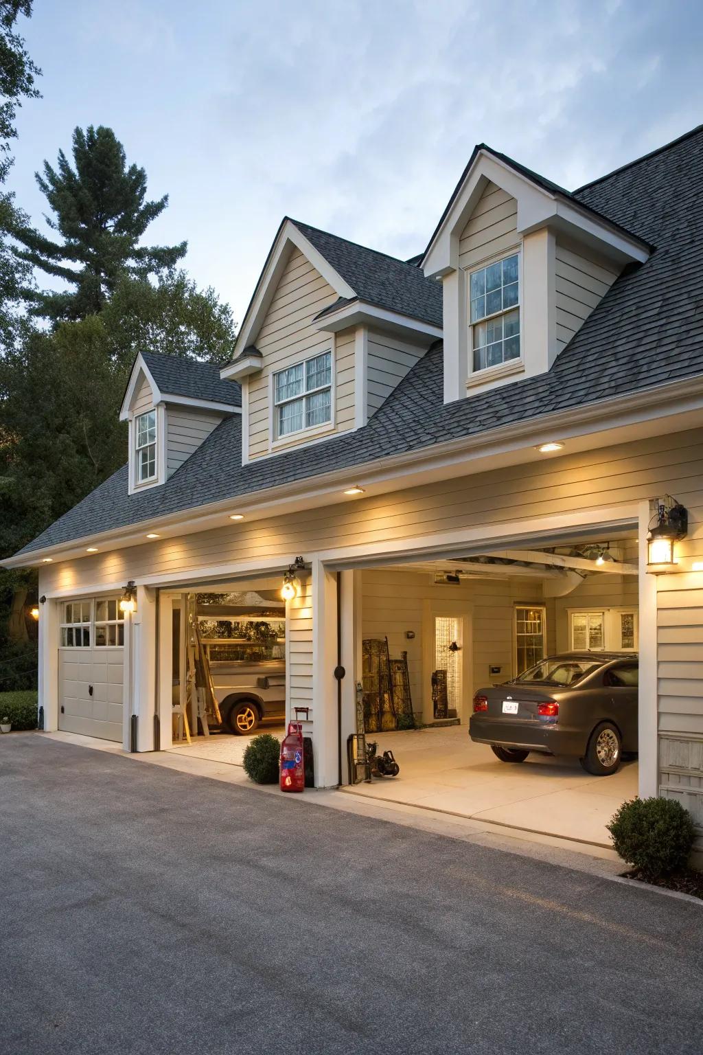 Dormers with ventilation features improve air circulation in the garage.