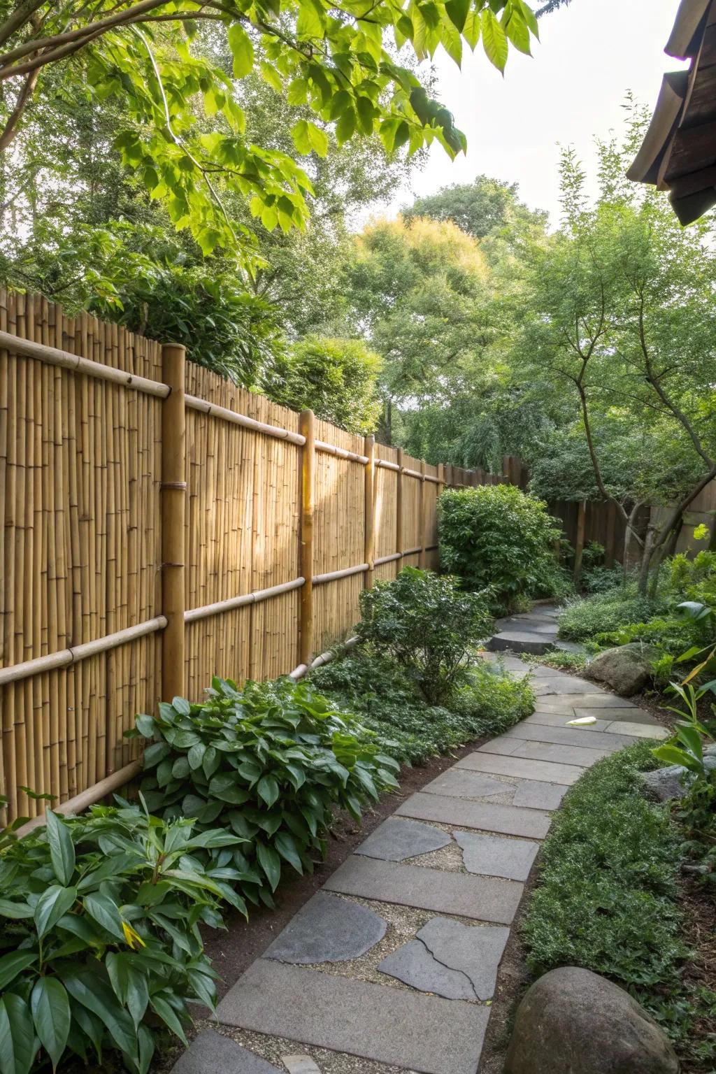 Bamboo fencing adds an exotic touch while protecting the garden.