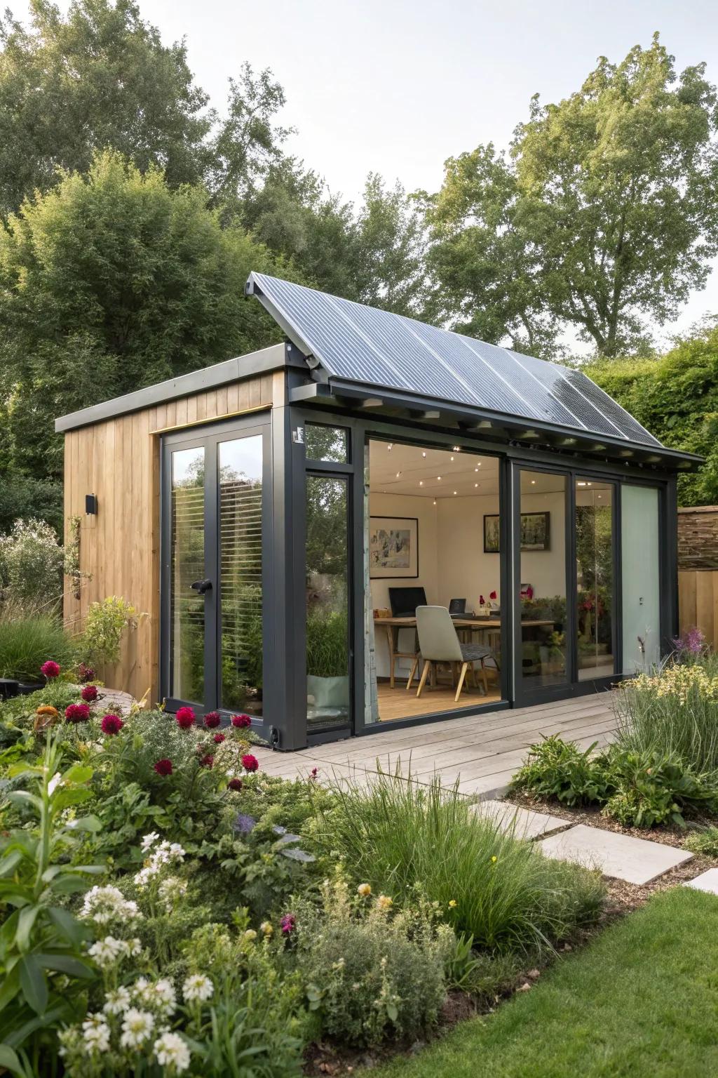 An environmentally-friendly solar-powered garden office, using sustainable energy solutions.