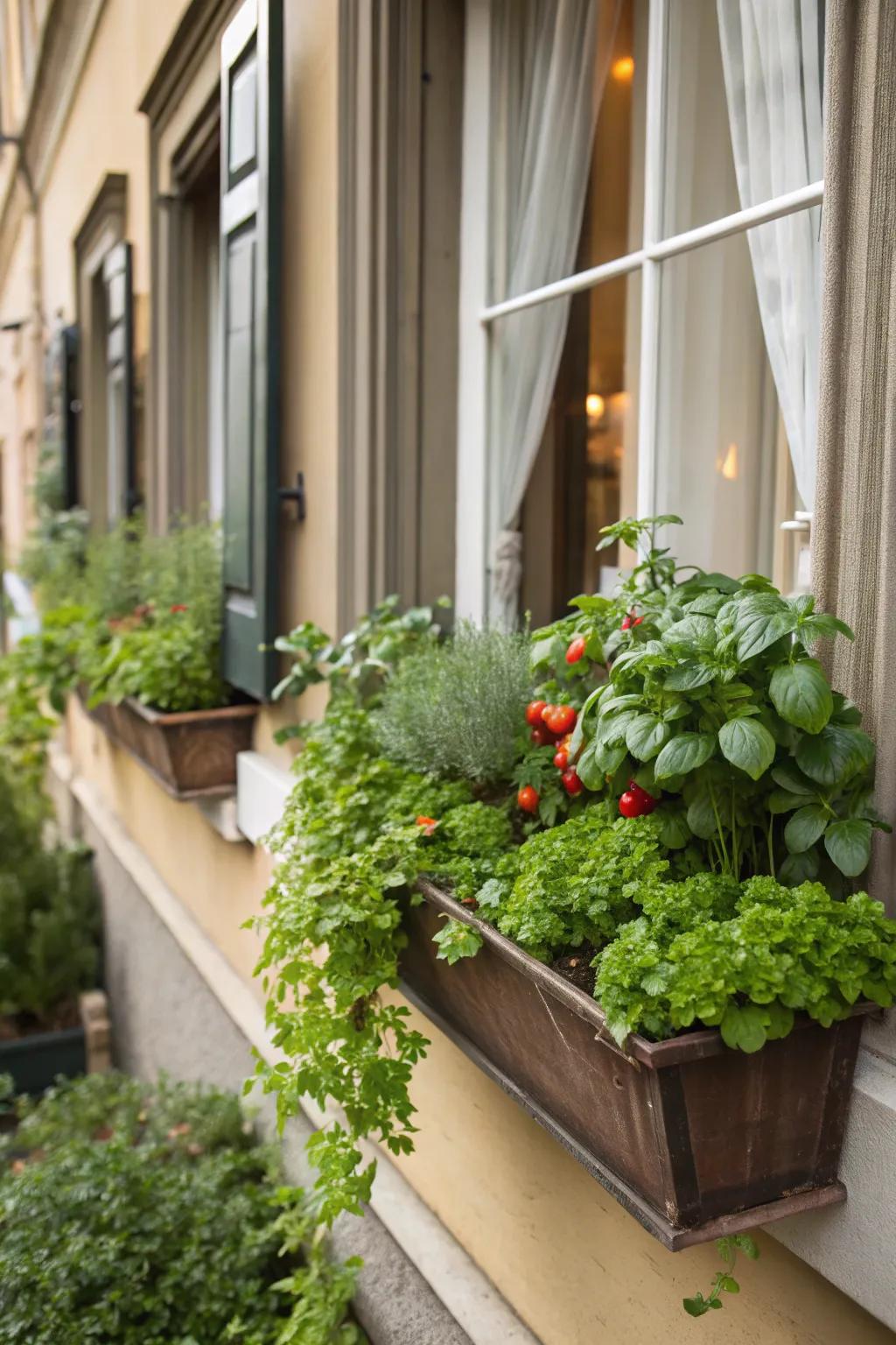 Window boxes with herbs and vegetables adorning a window.