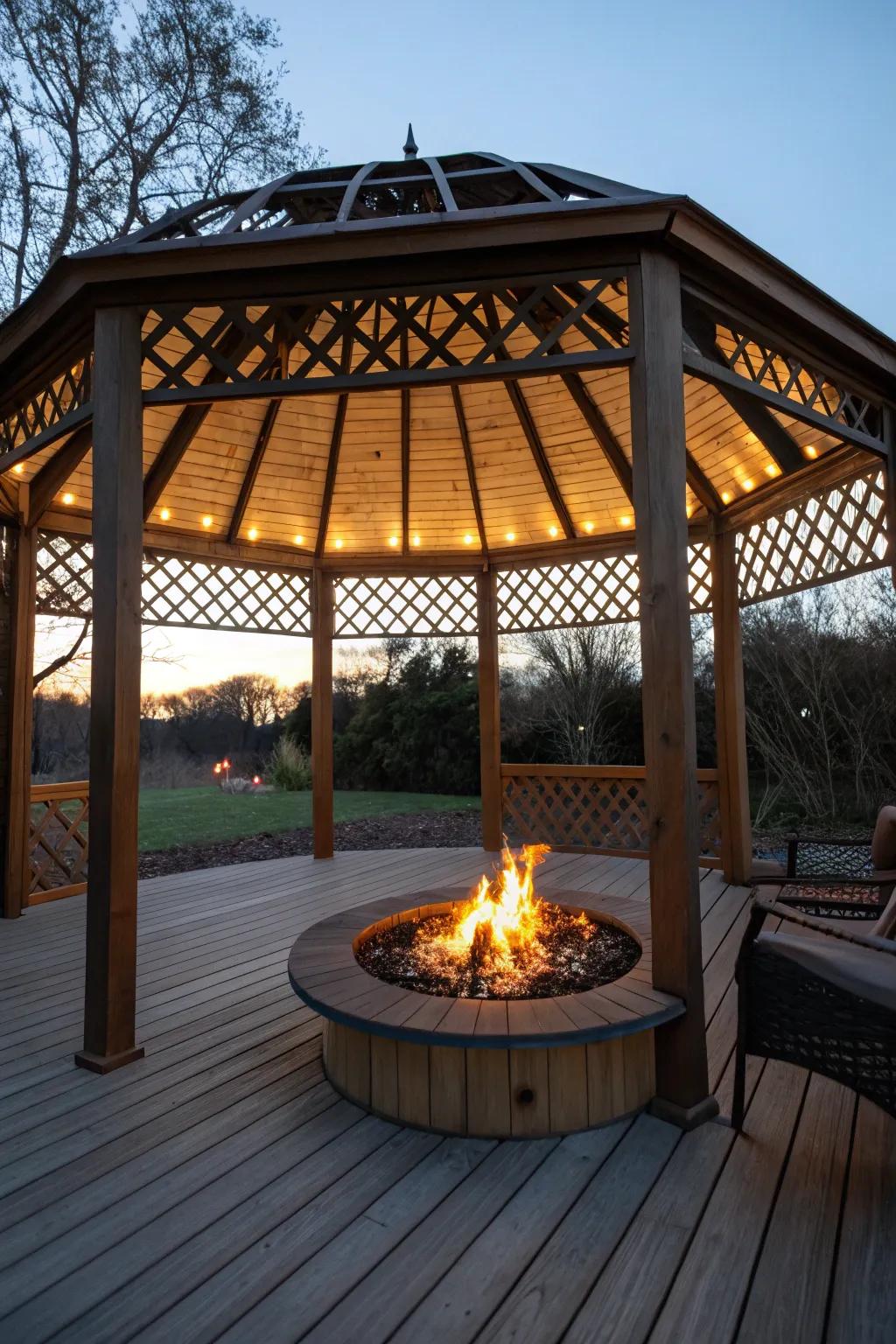 A fire pit introduces warmth and functions as a captivating focal feature.