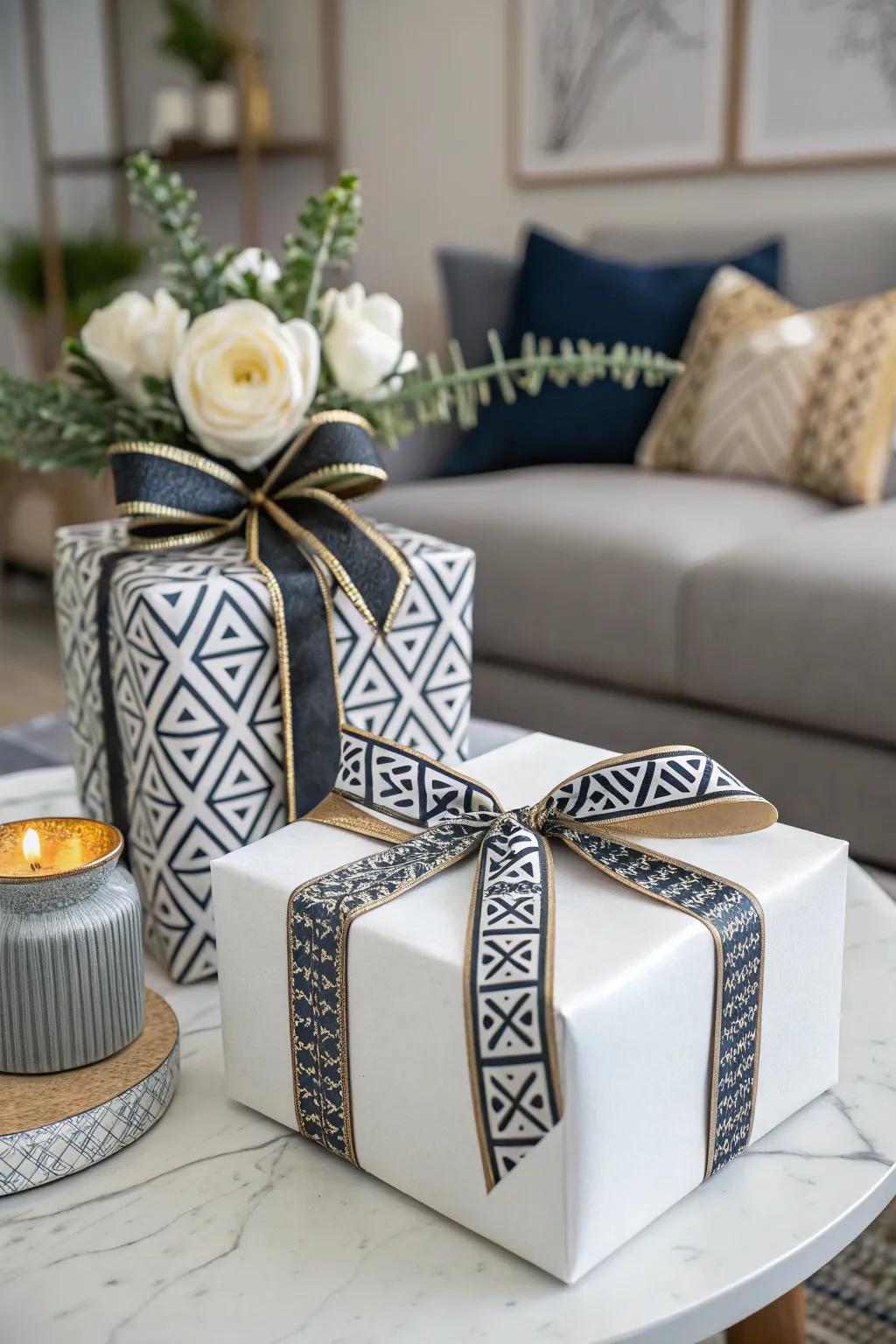 Gift with geometric ribbon patterns