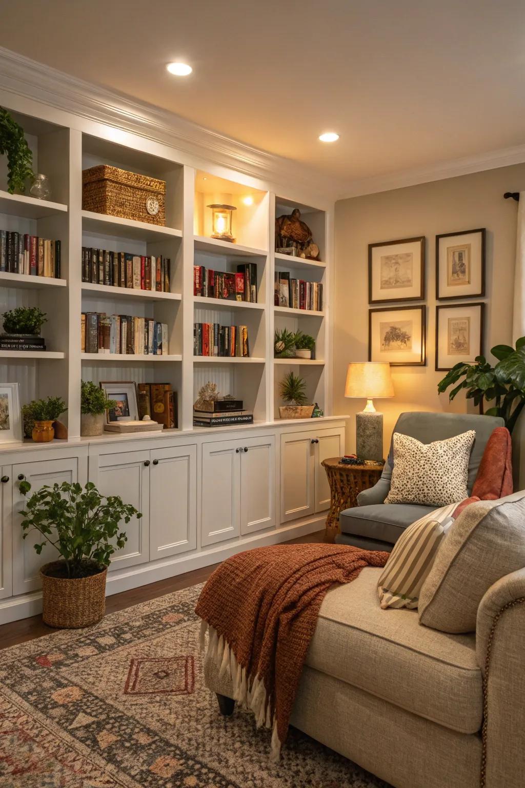 A cozy living room corner with integrated book shelves.