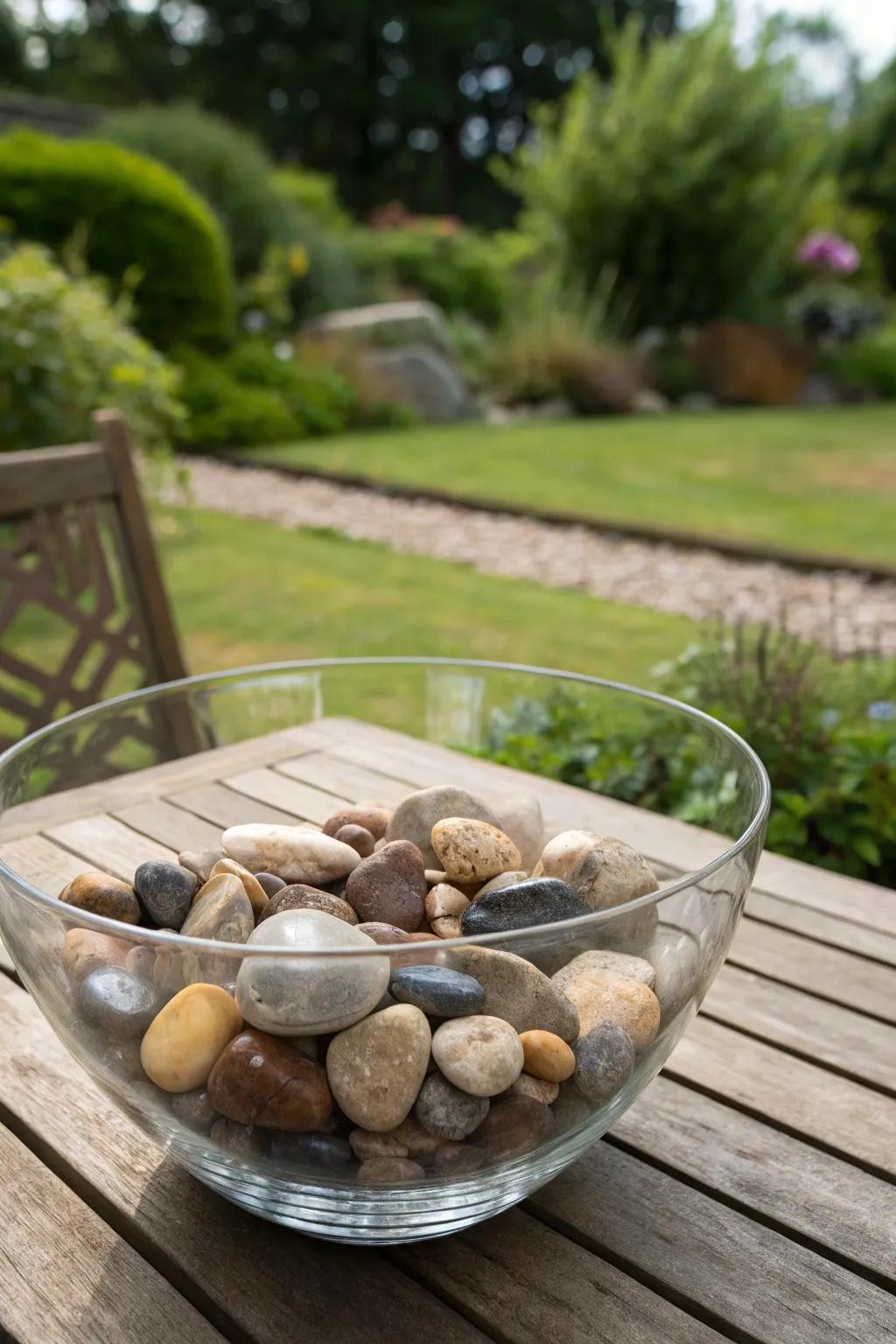 Serene beauty through a natural stone collection inside a glass bowl.