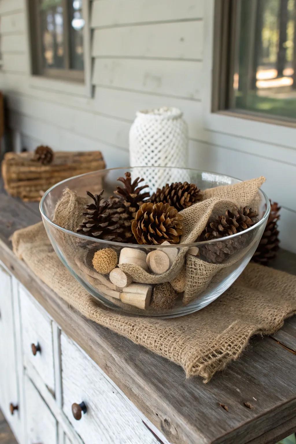 Envisioning a faraway retreat expressed through earthy characteristics inside a crystal vessel.