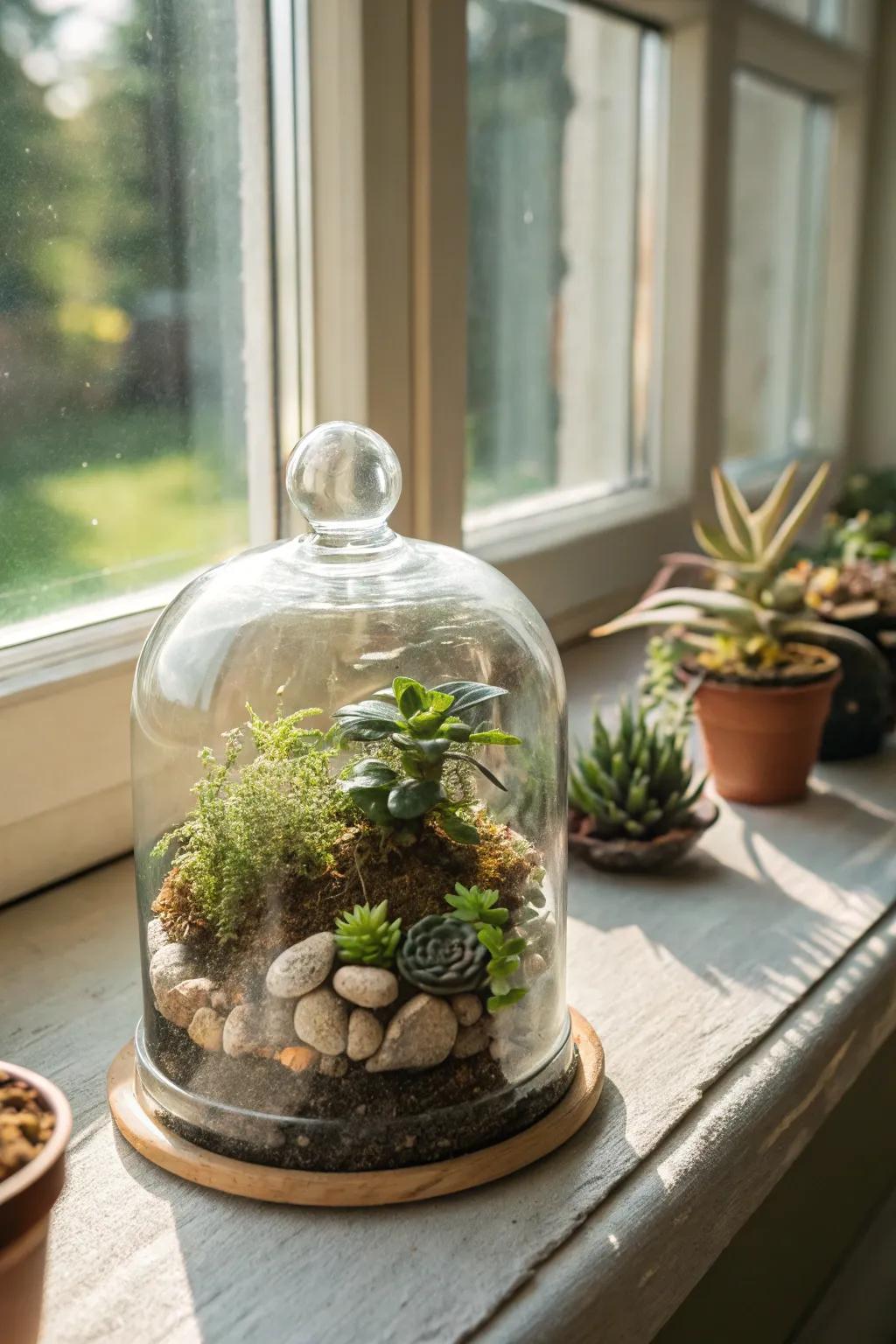 A mini terrarium under a glass cloche brings nature indoors.