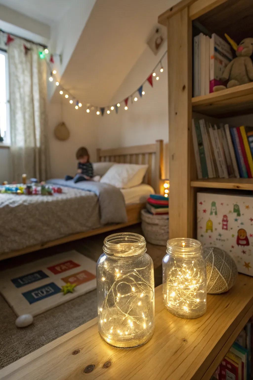 Jar night lights provide comfort and charm in children’s rooms.