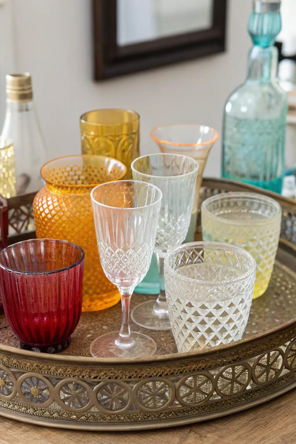 A stylish and flexible glassware display on a decorative tray.
