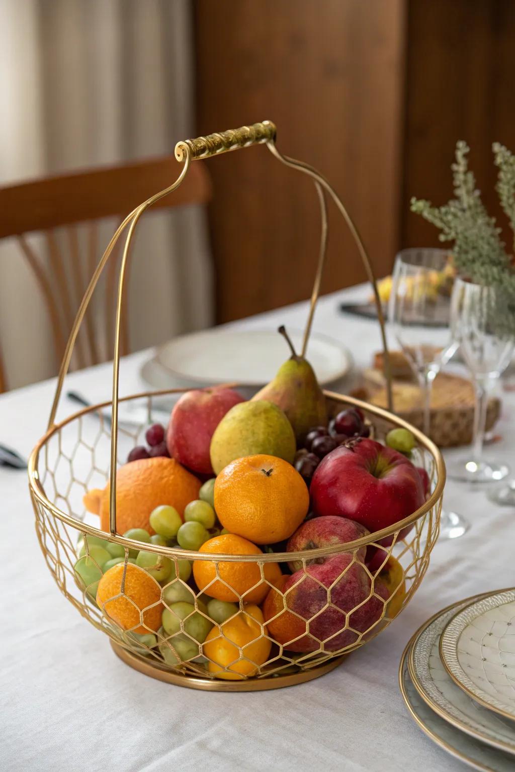Vibrant gilded wire basket centerpiece featuring seasonal fruits.