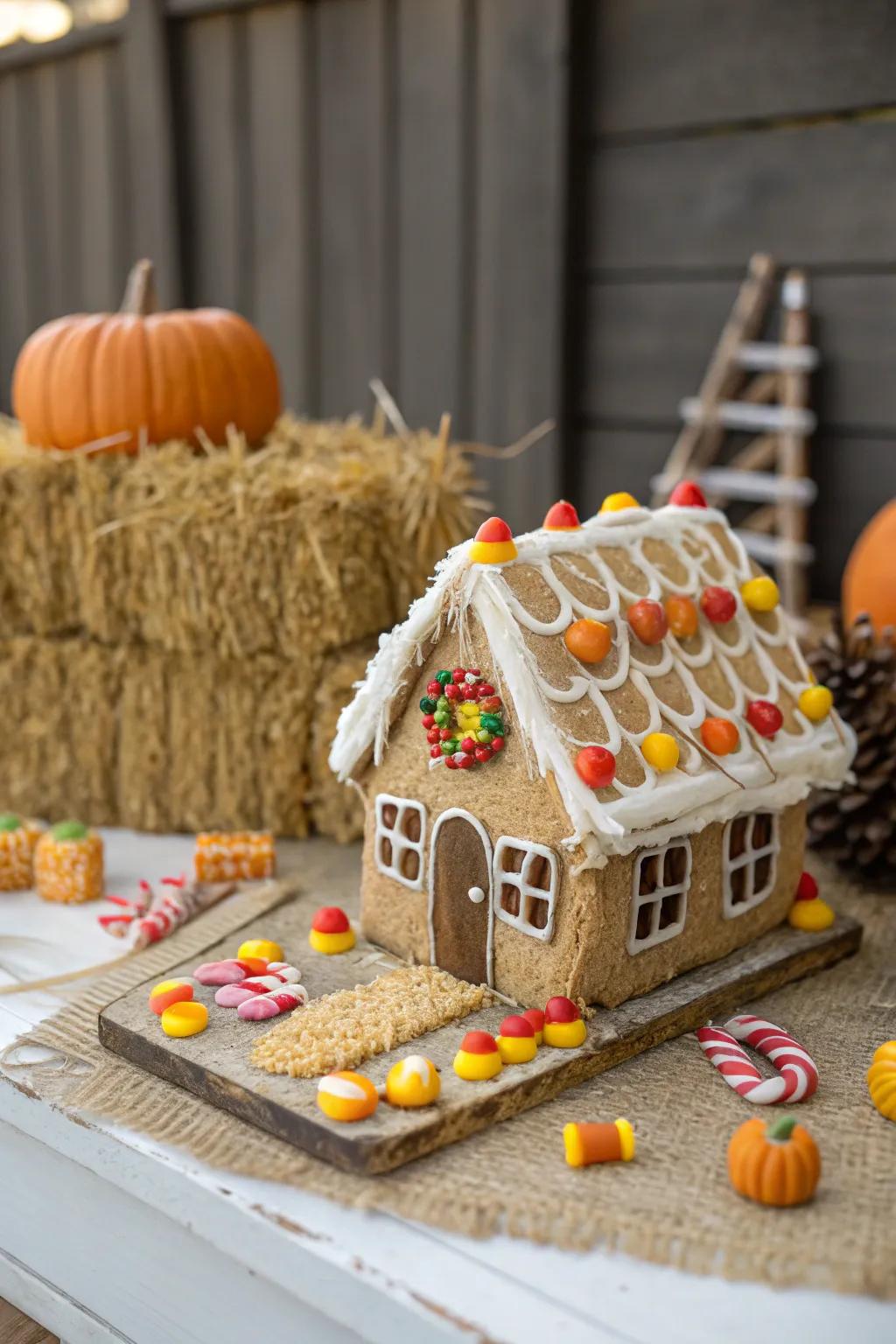 Festive farmhouse confectionary house exhibiting rustic charisma.
