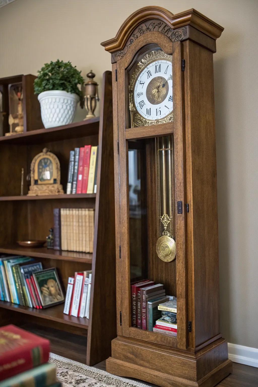 A non-functional pendulum timepiece gains a new purpose as a practical shelf.