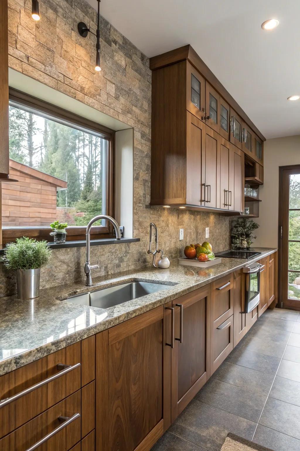 Mixing materials with granite introduces depth to your kitchen design.