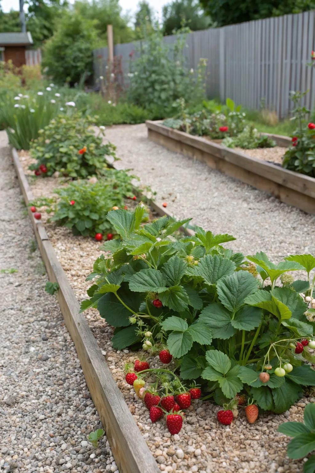 An edible stone flower bed showcasing strawberries