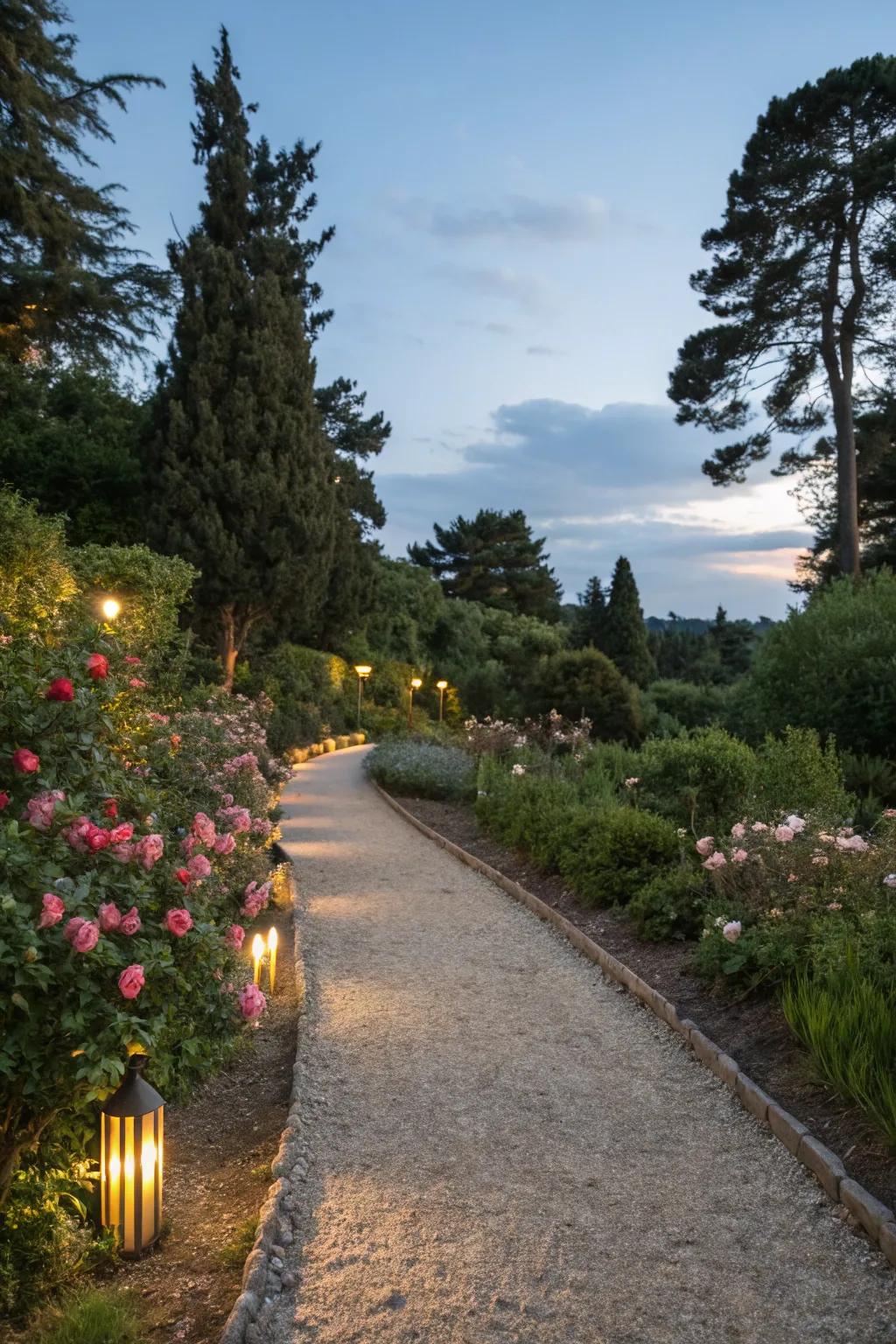 A stone chip walkway illuminated with soft lighting