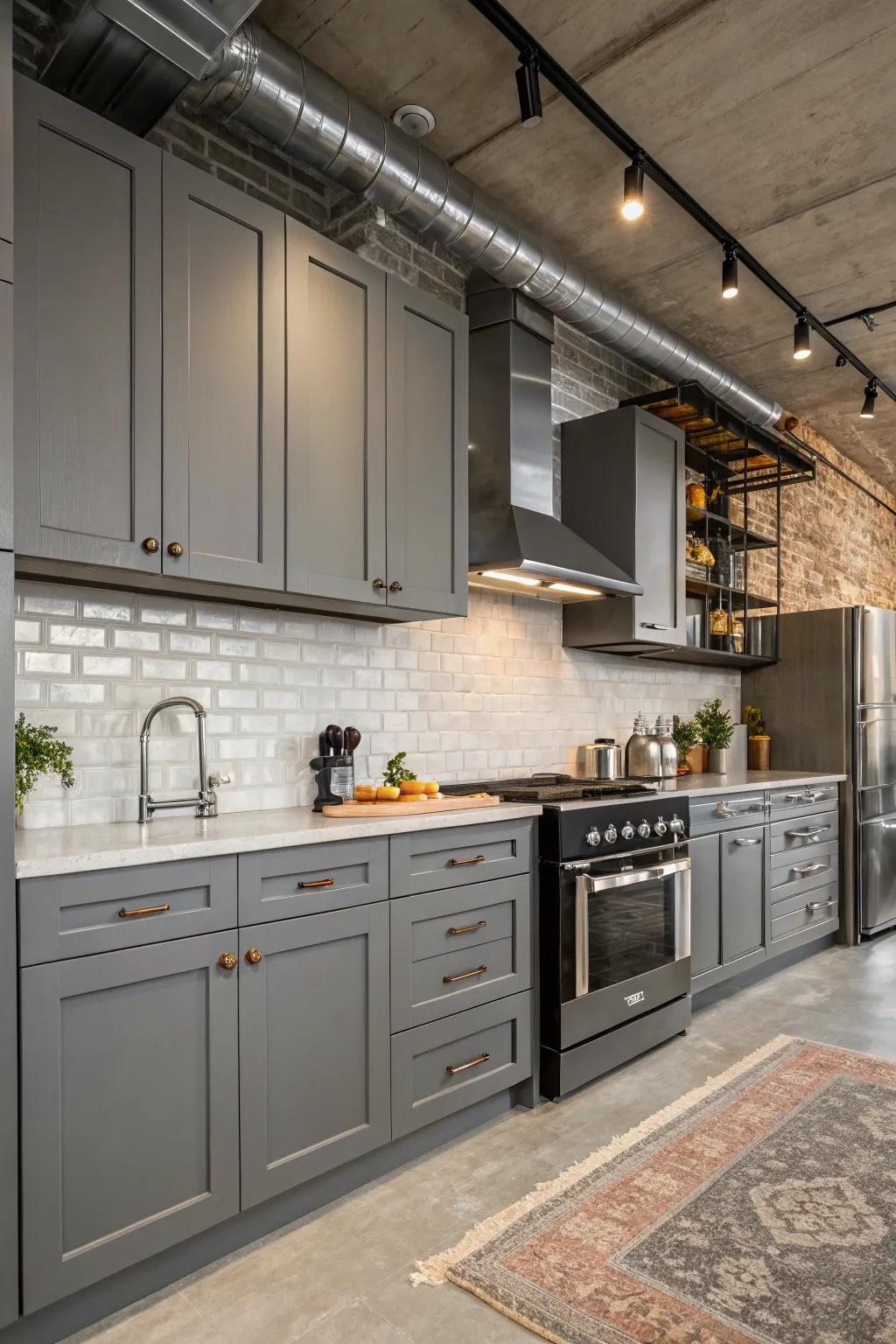 Urban accents bring a unique edge to gray kitchen cabinets.