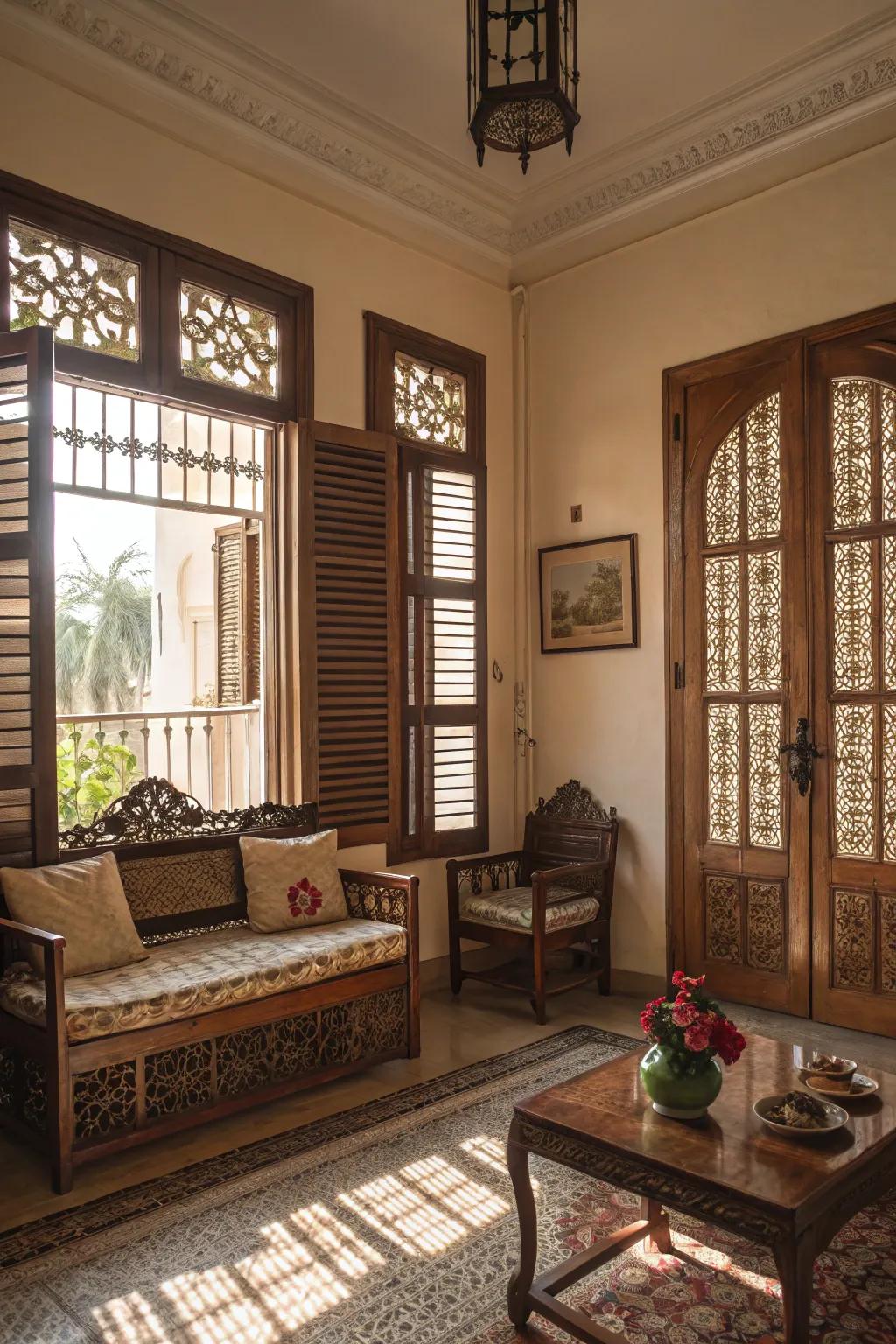 Classic shutters provide privacy and style in this traditional family room.