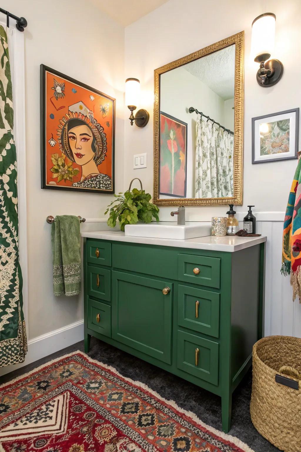 Eclectic elements combined with a green vanity for a unique look.