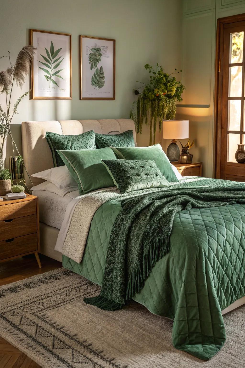 Varied textures in green enhance depth and coziness to the bedroom.