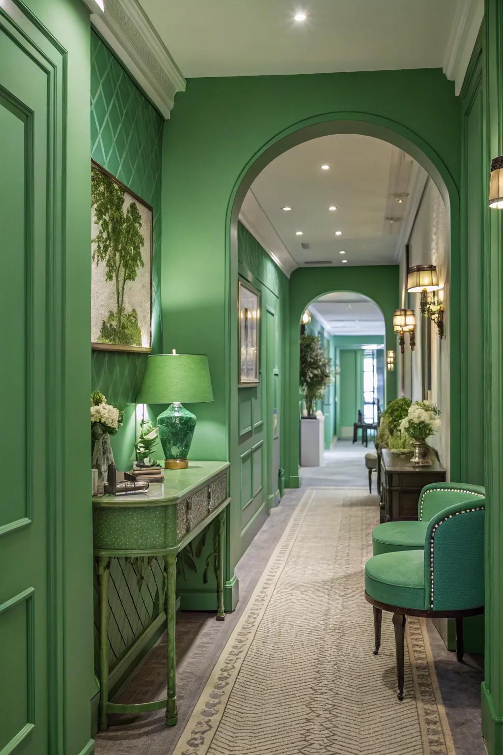 A uniform green layout creates a harmonious and stylish hallway.