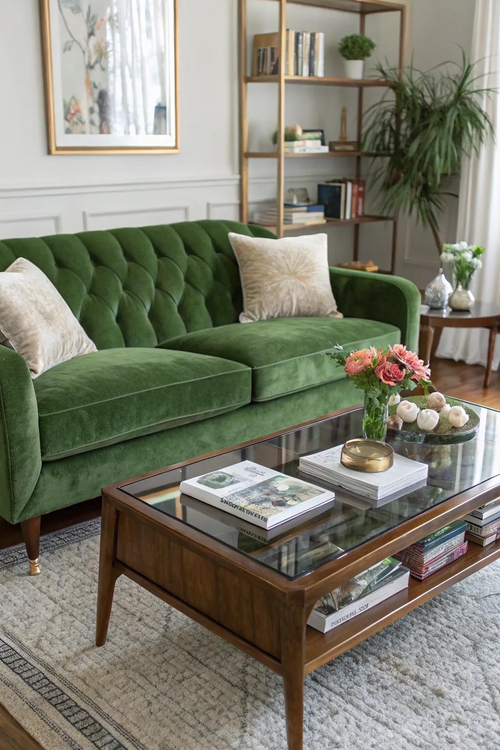 A mid-century modern living space featuring a green velvet sofa and retro elements.