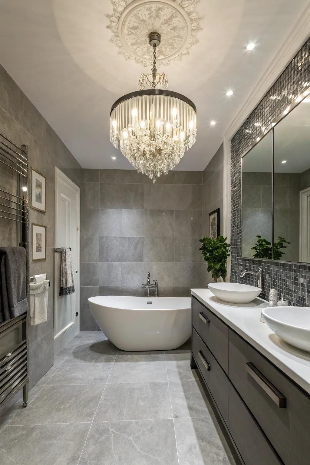 A lighting showpiece adds elegance and focus to the bathroom.