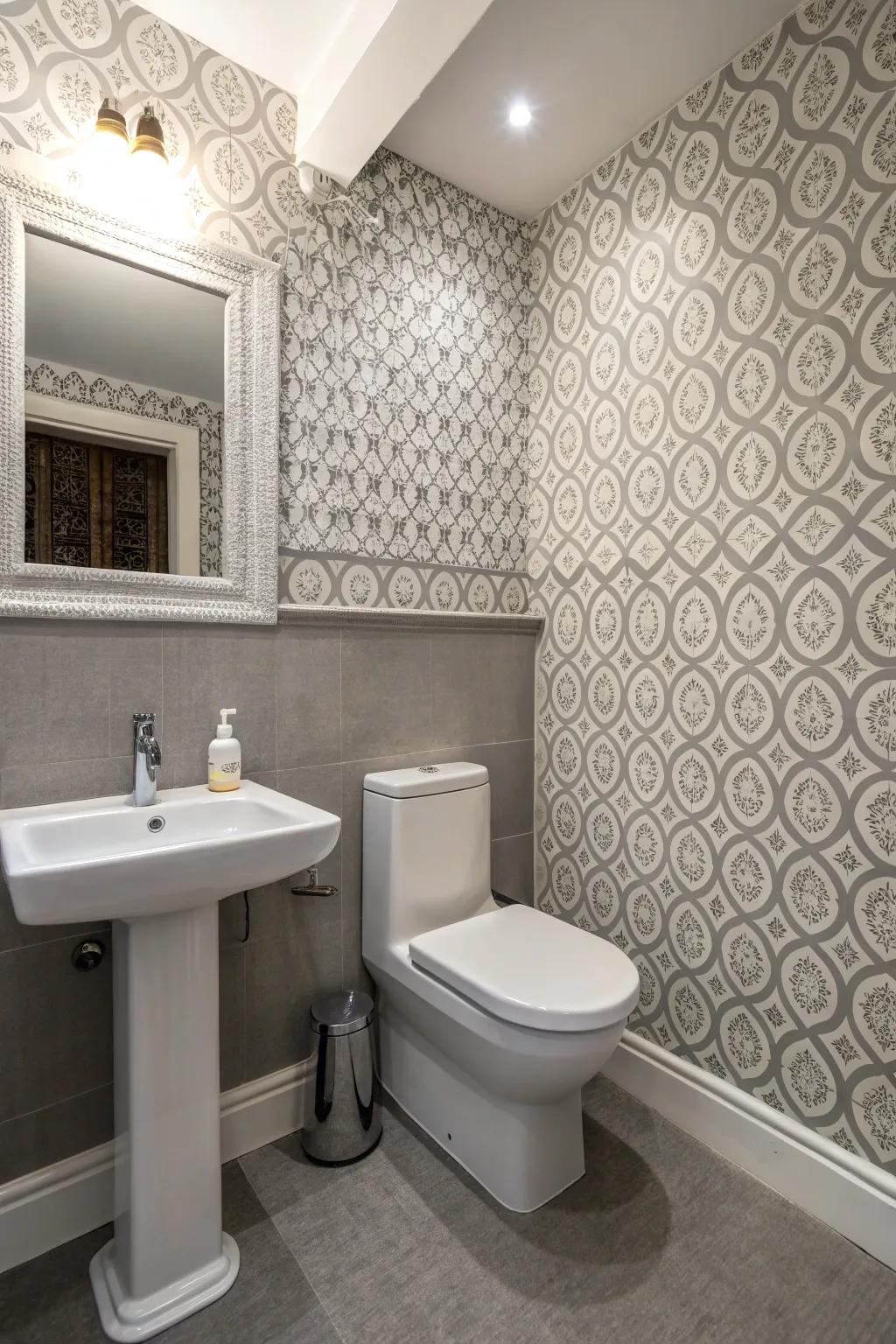Designed wall covering adds personality to the shale bathroom.