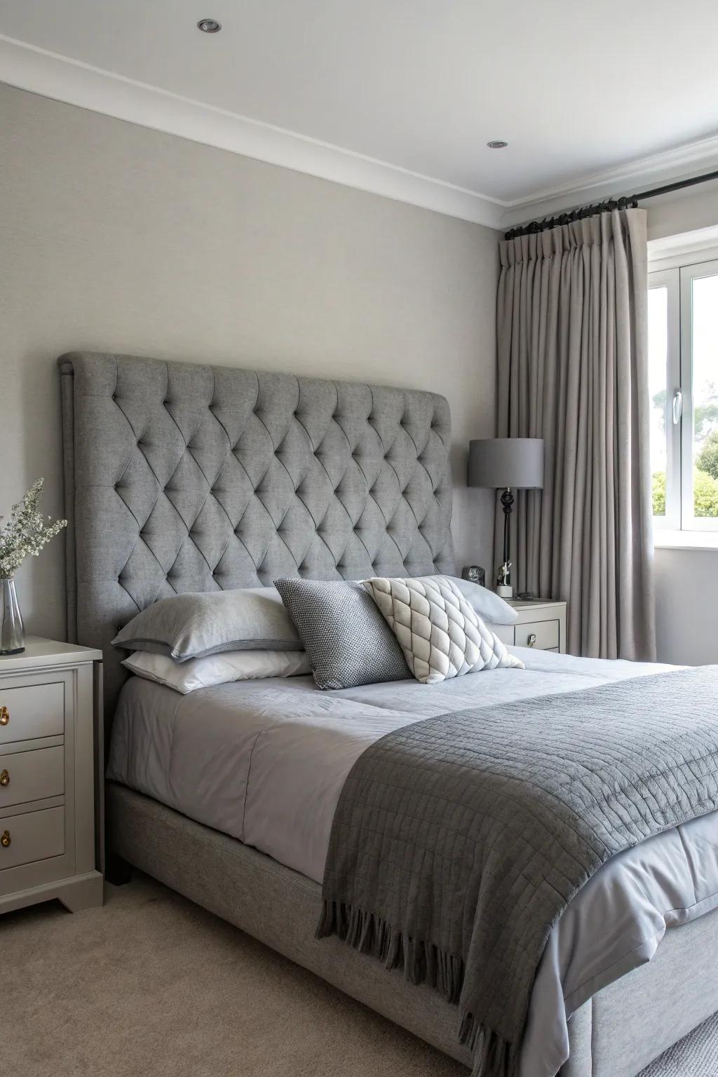 A textile grey headboard grounds the bed.