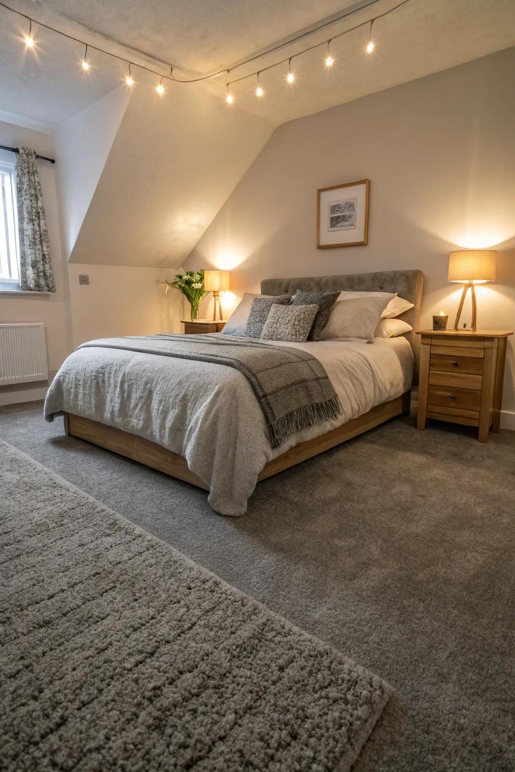 Accent lighting highlights the elegance and texture of the grey carpet.