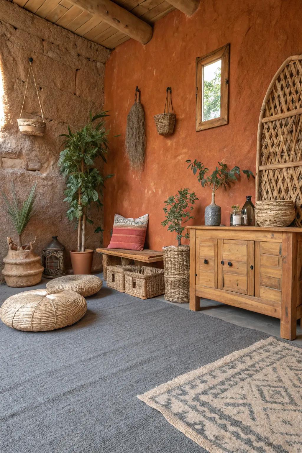 Terracotta walls bring earthy warmth to areas with grey carpet.