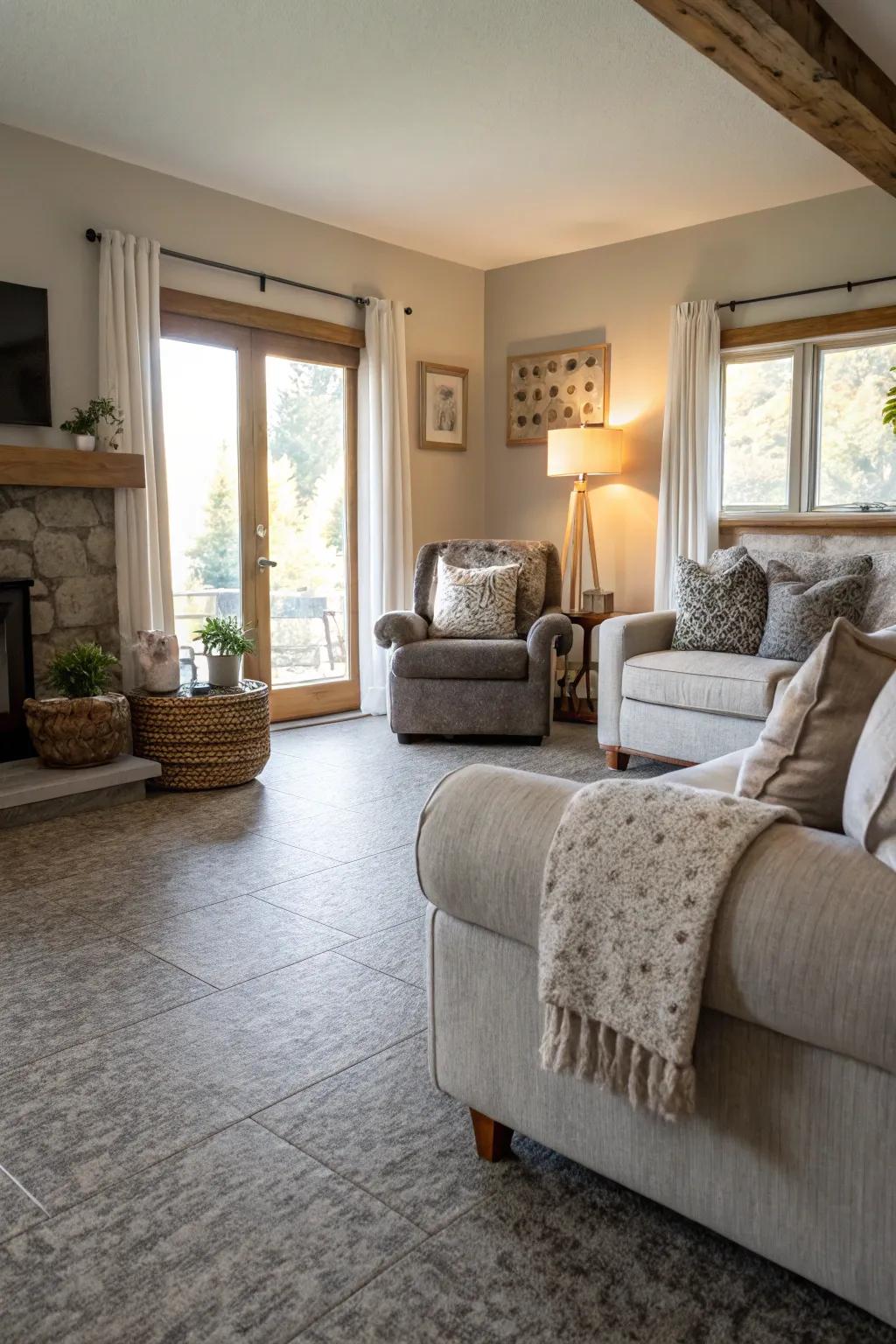 Grey bark flooring adds warmth and comfort to this inviting living room.