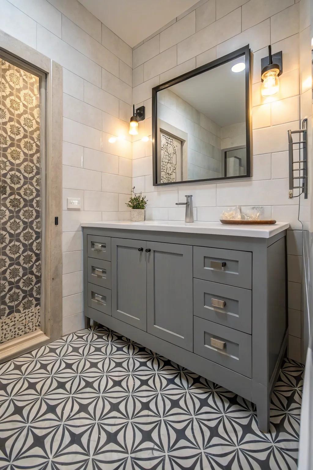 Geometric designs give a modern flair to the grey vanity setup.