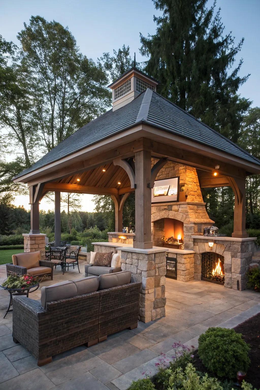 Gather around a warm fireplace with a cozy gazebo design.