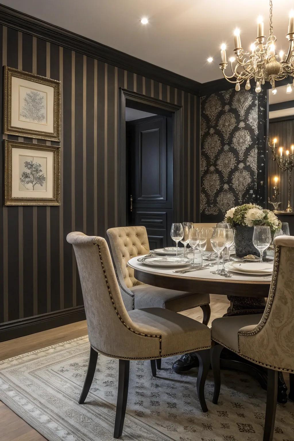 A dramatic dining area featuring striped wallcovering and solid dark pigment, perfect for audacious statements.