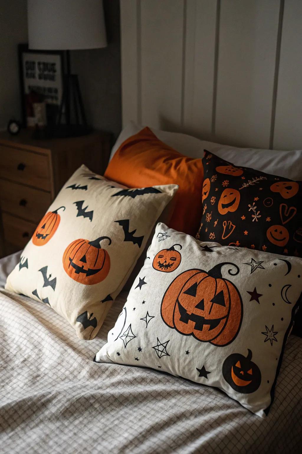 Themed cushions add a playful touch to your Halloween decor.