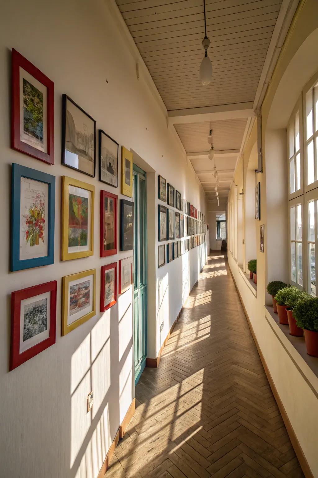Colored frames add a playful and vibrant twist to corridor art.