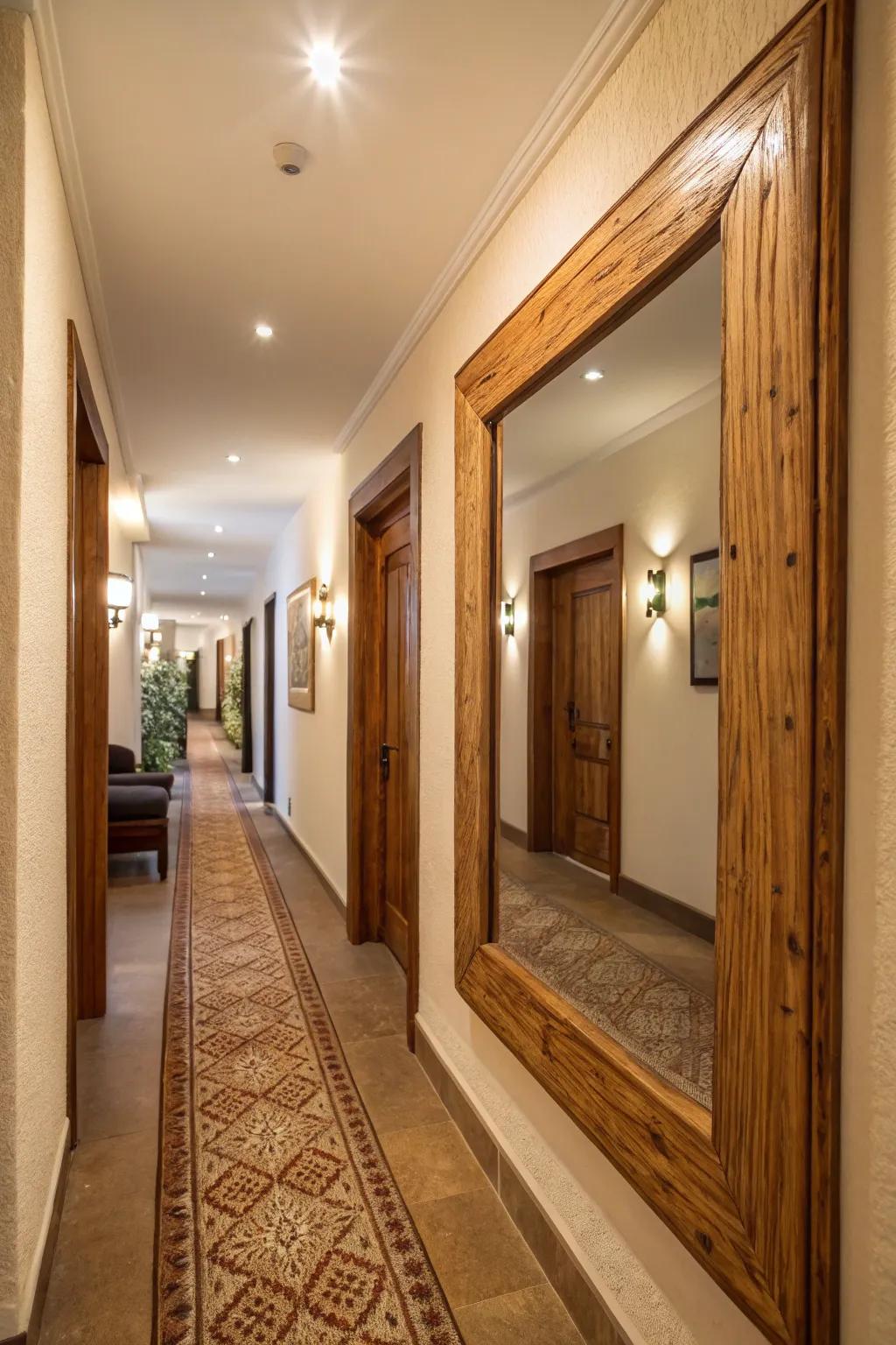 Wood-framed mirrors bring an earthy warmth to hallways.