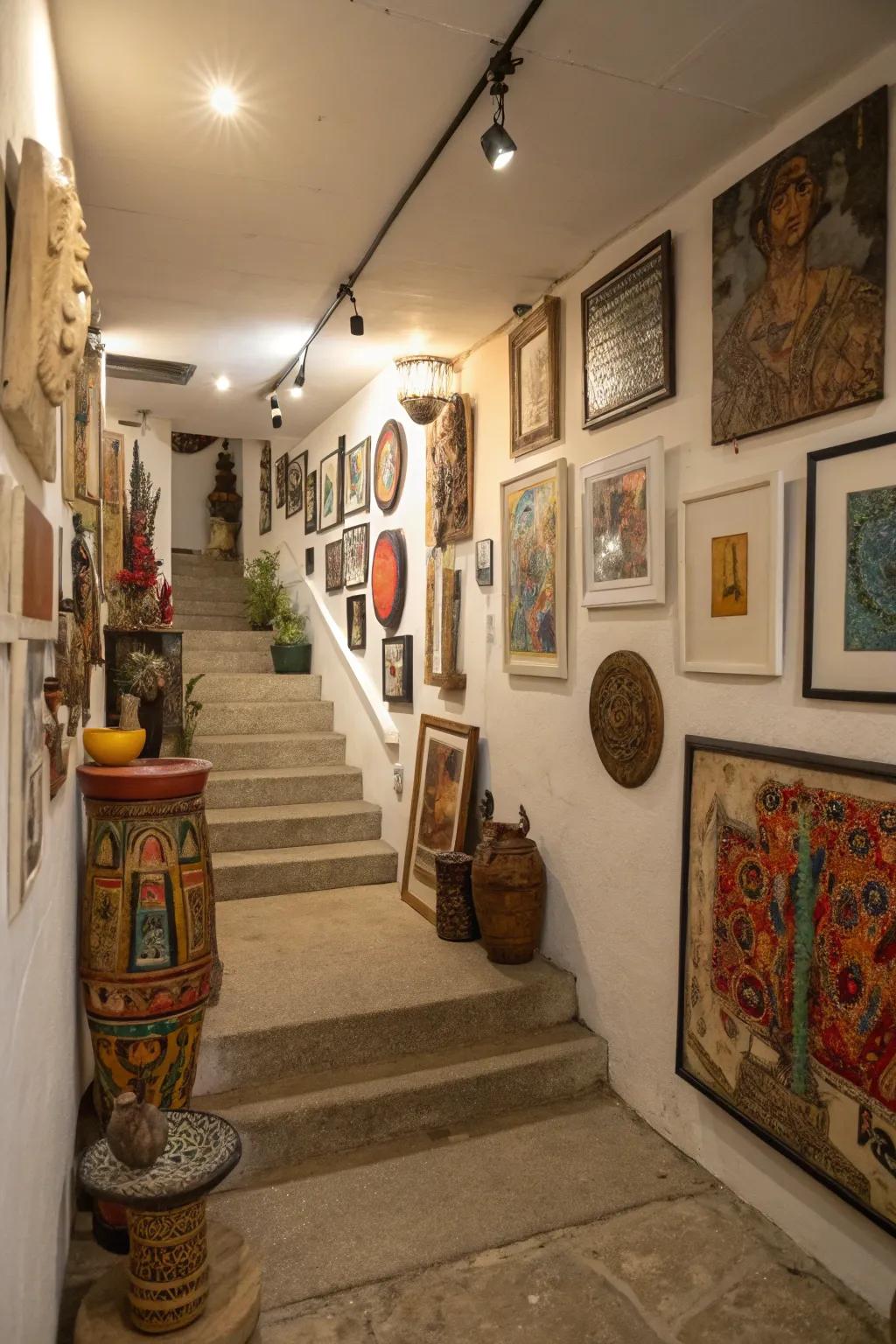 Design a inspiring space using an eclectic art gallery in your basement.
