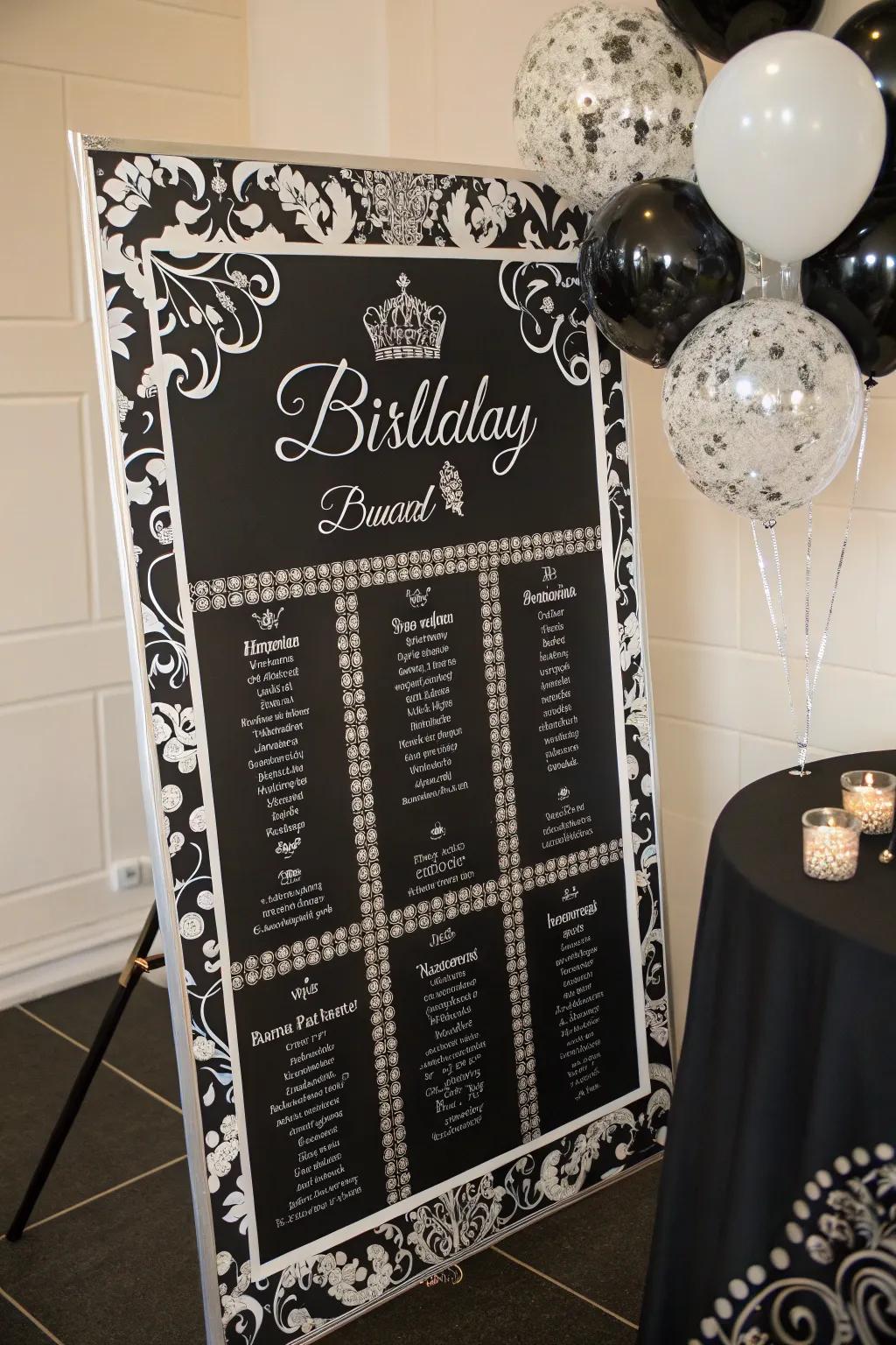 A timeless monochrome birthday display with elegant charm.