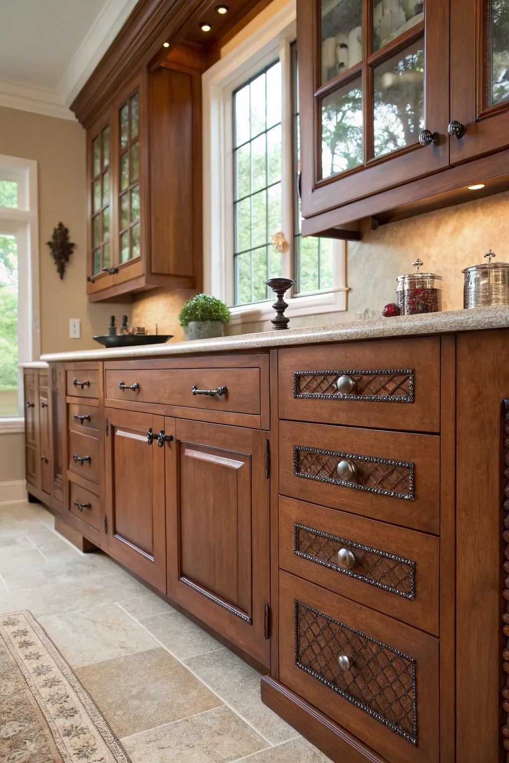 Hammered metal knobs introduce texture and intrigue.