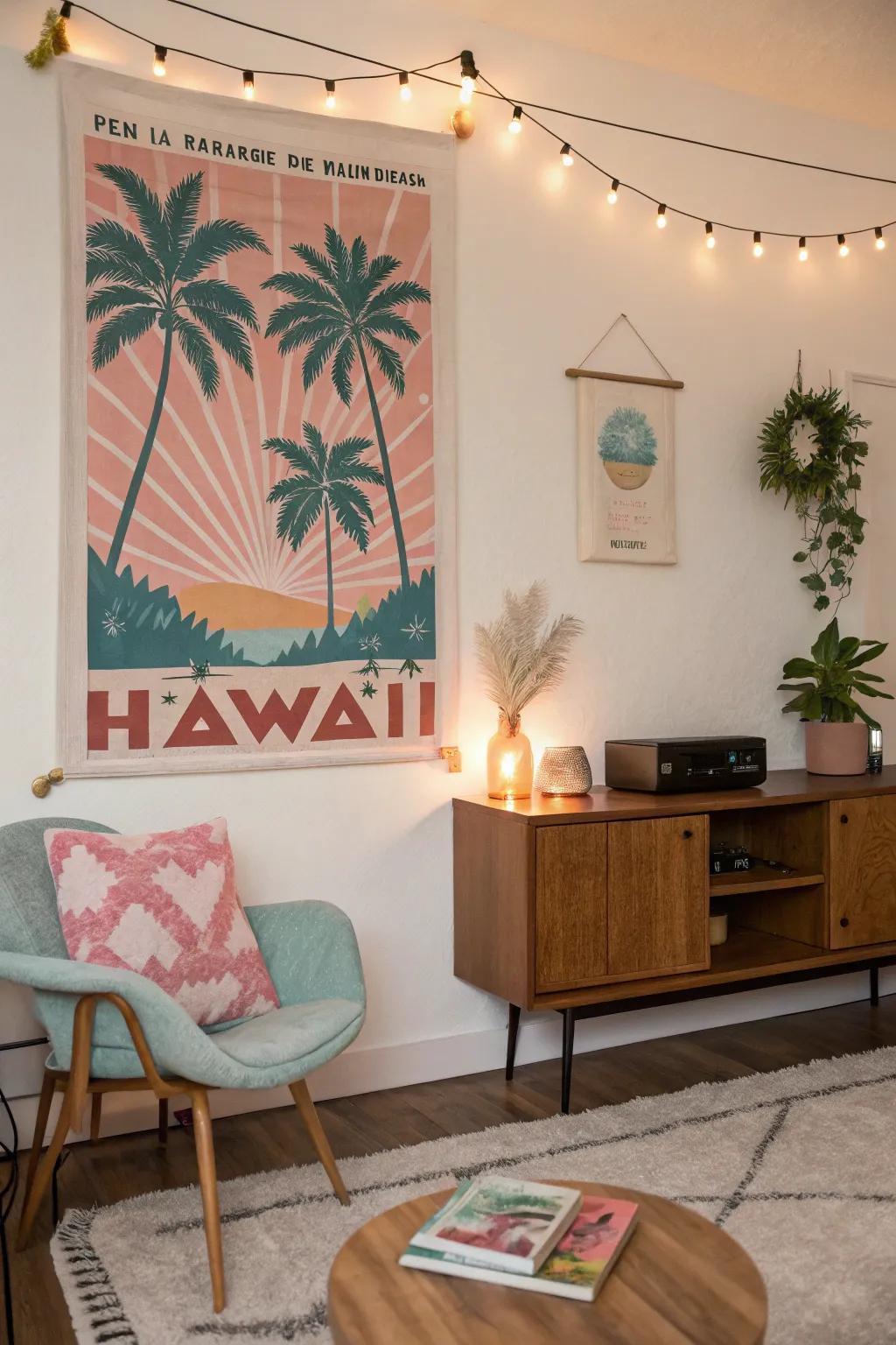 A retro Hawaiian-themed poster that adds charm to a mid-century modern room.