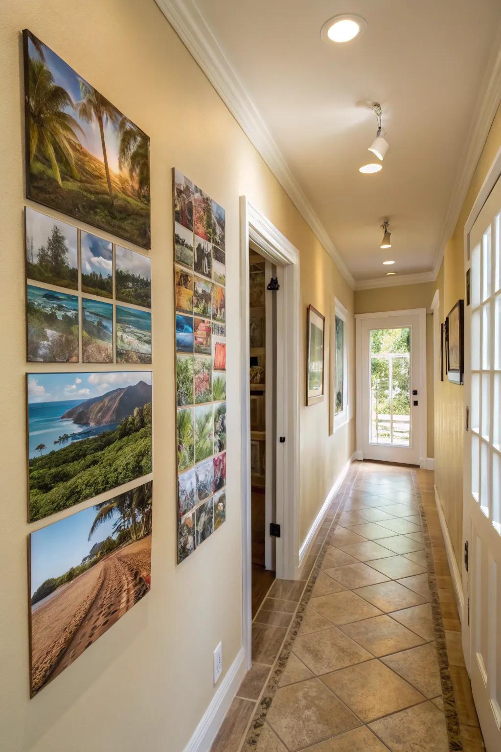 A photo wall captures the beauty and memories of Hawaii.